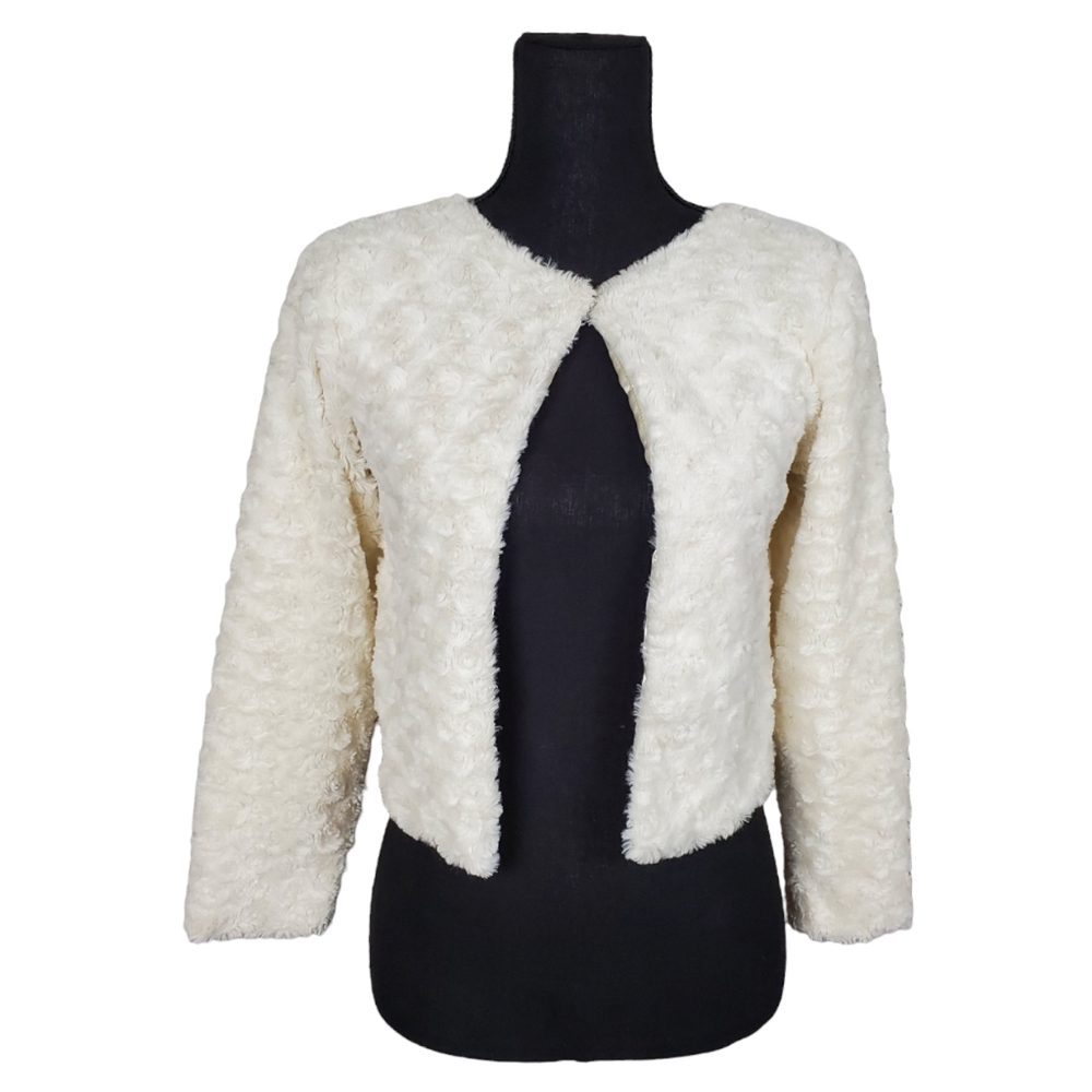 TURO PARC Faux Fur Blaro, Off White Cropped Shrug Jacket, Size Small